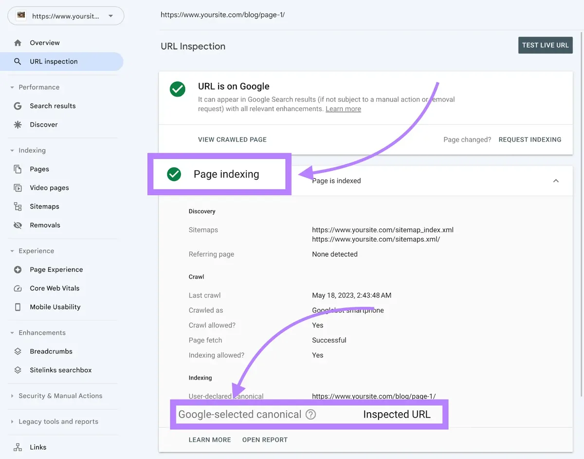 Google Search Console 显示“URL Inspection”报告，其中“Page indexing”部分包含“Google-selected canonical”