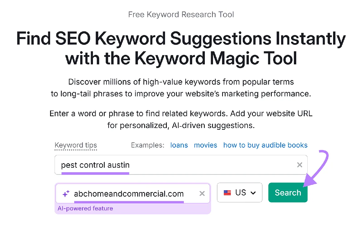 SEO 关键词研究工具界面,含搜索栏,并输入了 Austin 除虫服务的示例关键词短语