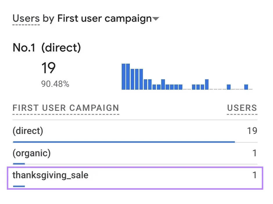 “Users by First user campaign”,“thanksgiving_sale”广告系列被突出显示