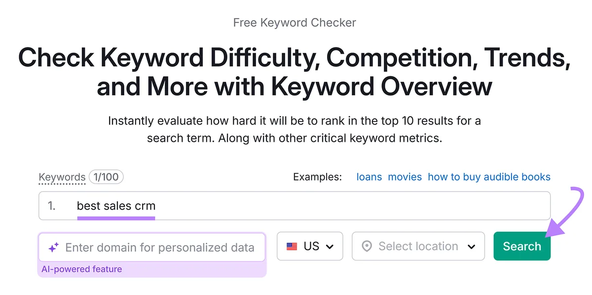 Semrush 关键词概览起始界面，输入“best sales crm”，紫色箭头指向 Search 按钮。