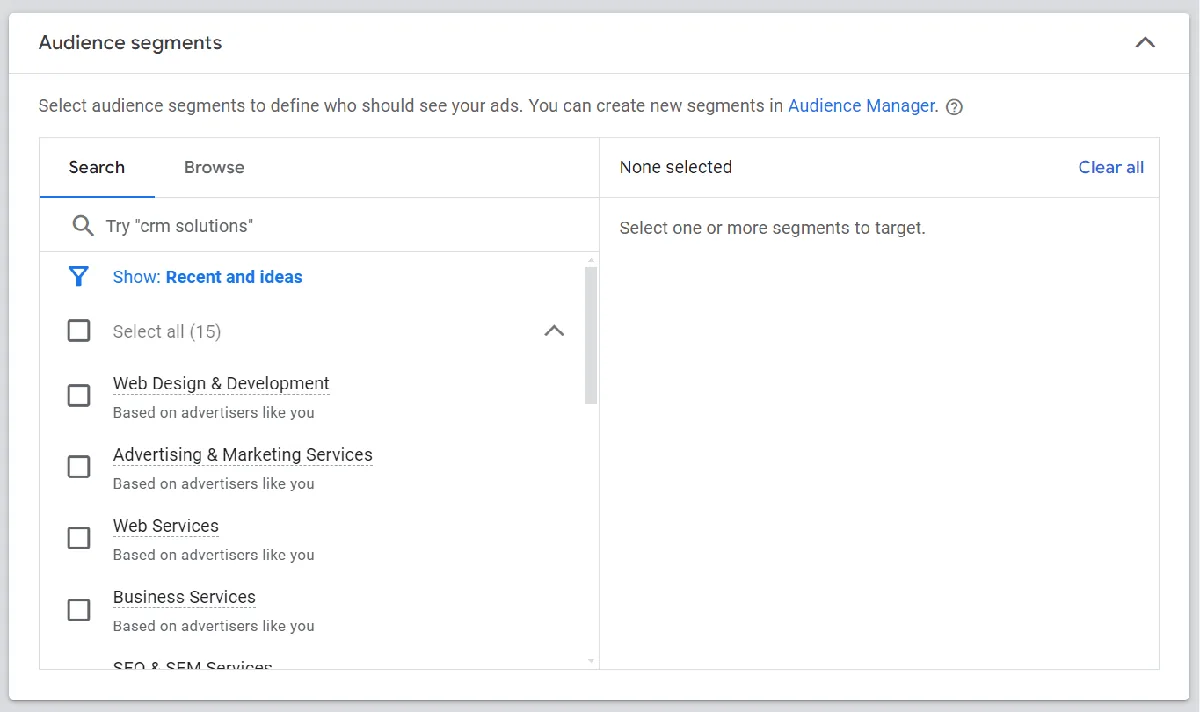 Google Ads 中的受众细分菜单