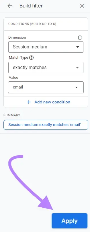 Google Analytics 上的“Build filter”,已输入维度、匹配类型和值,并点击了“Apply”按钮