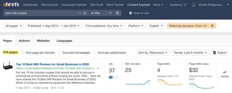 Content Explorer 搜索结果,显示 216 个未更新的页面