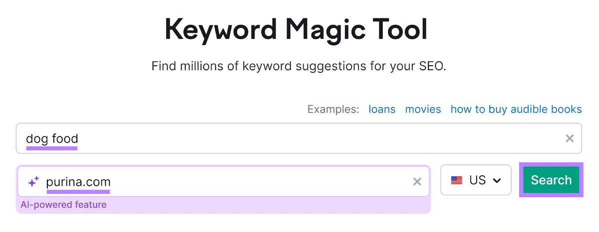 Keyword Magic Tool 起始界面，已输入关键词和域名，Search 按钮已高亮显示
