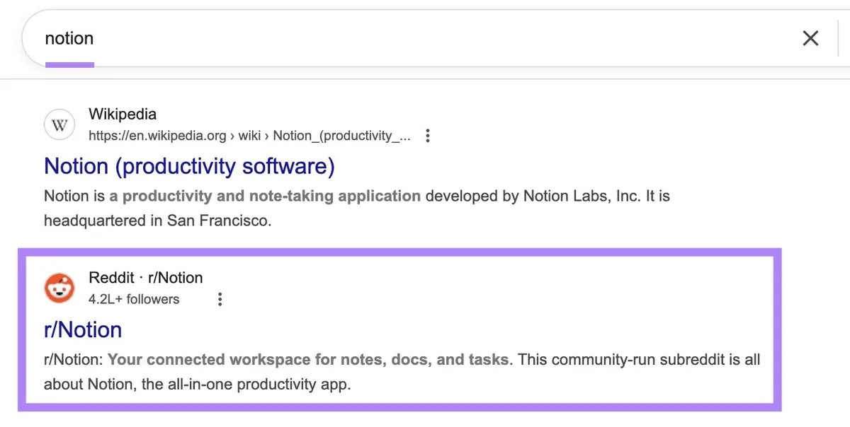 词条“notion”的 Google 搜索结果页面,r/Notion subreddit 出现在结果中。