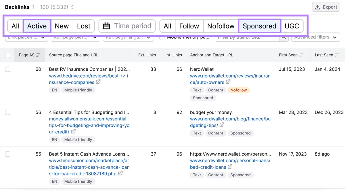 “Backlinks”报告下选中的“Active”和“Sponsored”标签页