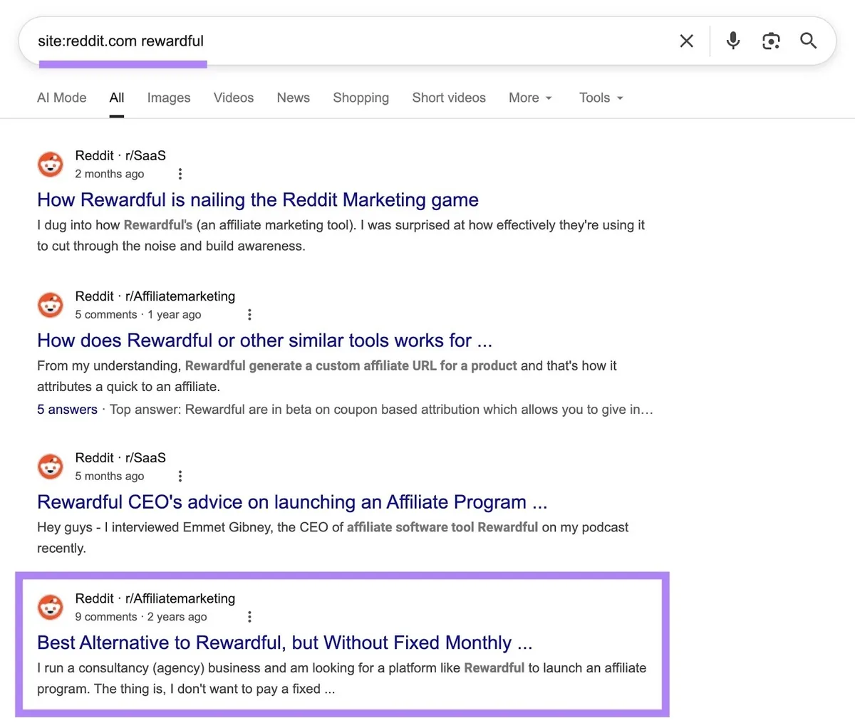 在 Google 上使用 site 搜索运算符查找提及某特定品牌的 Reddit 帖子。