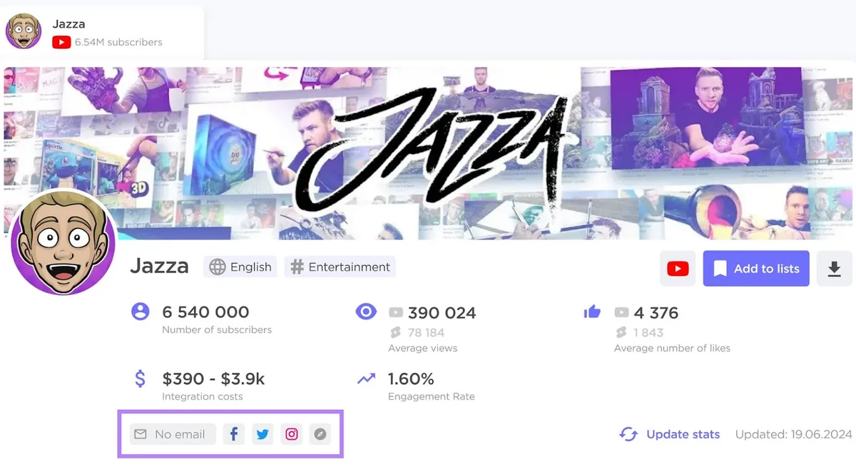 Influencer Analytics 内容创作者资料，联系方式在紫色框中高亮显示。