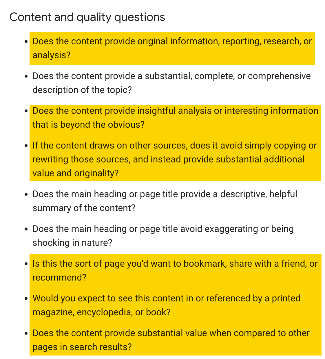 Google Search Essentials 中关于 “Content and quality”（内容与质量）的问题