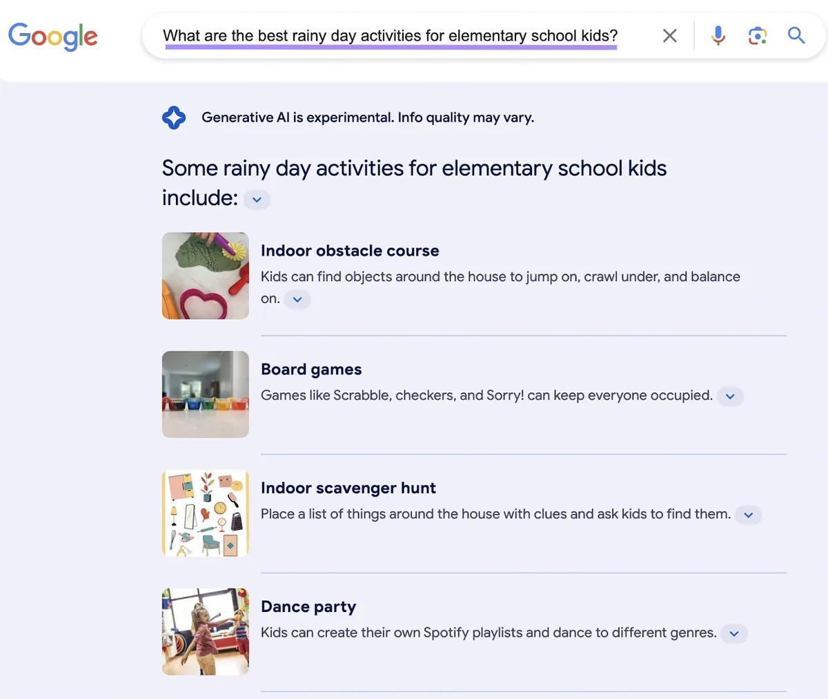 Google SGE 针对“What are the best rainy day activities for elementary school kids?”的结果