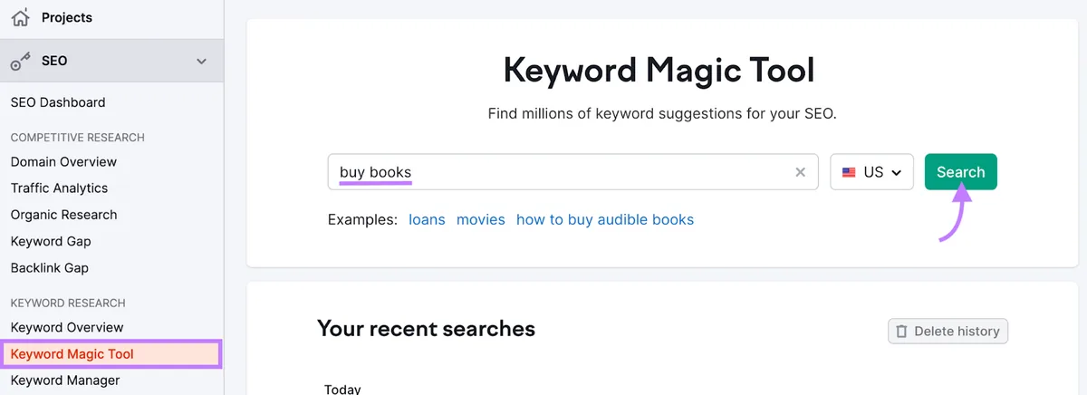 在 Keyword Magic Tool 搜索栏中输入的“buy books”