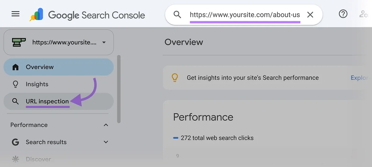 Google Search Console,URL Inspection 已高亮显示,检查栏中输入了示例页面 URL