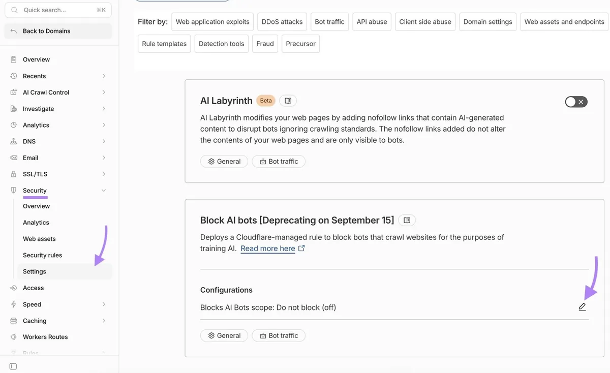 Cloudflare 上的安全设置，已在 Block AI bots 部分点击编辑按钮。