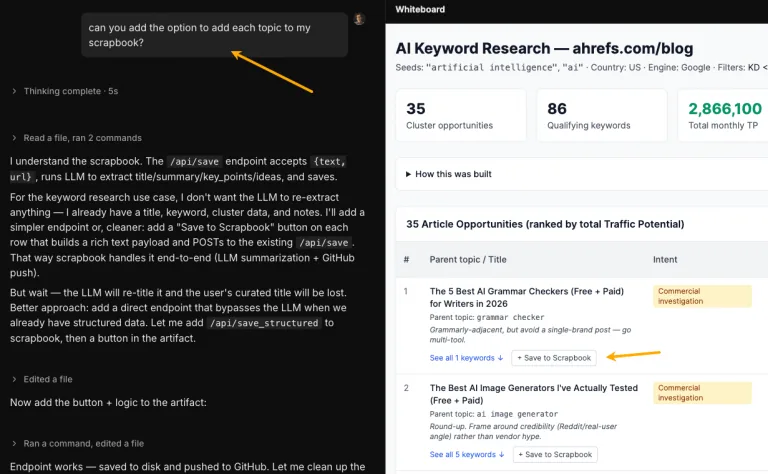 一张截图,展示 AI 的迭代能力。用户要求添加将主题保存到“scrapbook(剪贴簿)”的选项。AI 解释了其添加 /api/save_structured 端点的技术方案,并显示白板中的关键词集群旁出现了一个新的“+ Save to Scrapbook”按钮。