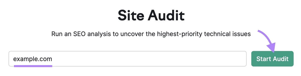 Site Audit 搜索,已输入域名并点击“Start Audit”按钮。