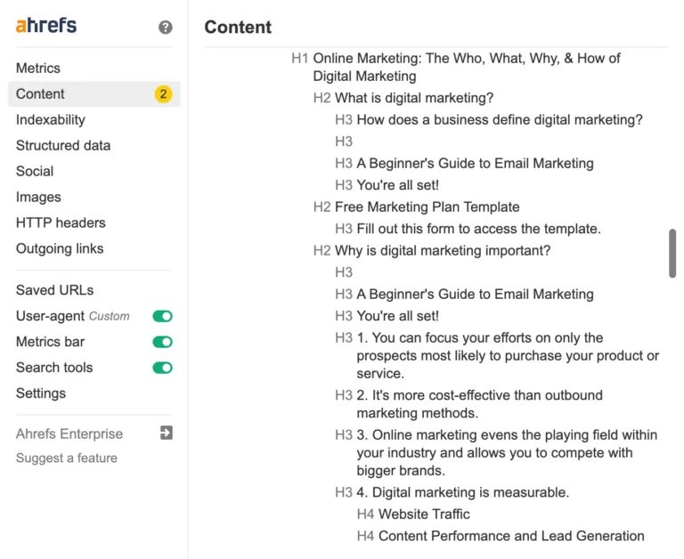 Ahrefs SEO Toolbar 中显示的内容结构。