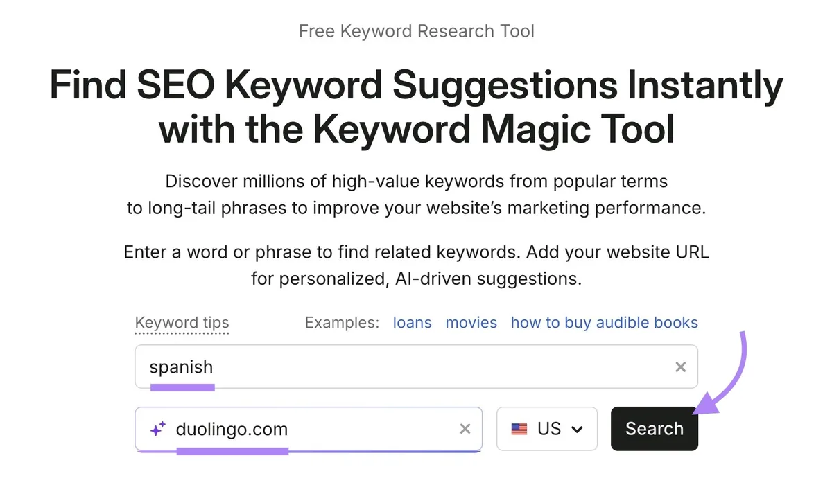 Keyword Magic Tool,已输入词条“spanish”、域名“duolingo.com”,并点击“Search”。