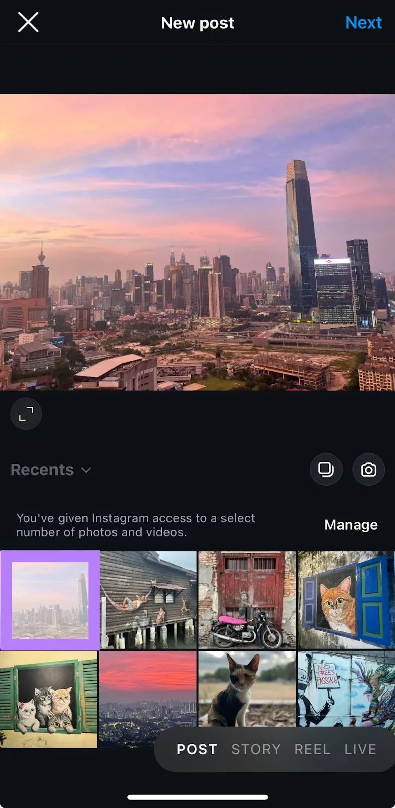 Instagram 上的“New post”窗口,已选择要发布的媒体。