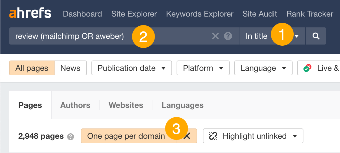 在 Ahrefs 的 Content Explorer 中搜索提及竞争对手的评测
