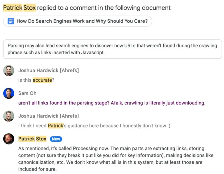 我们 SEO 写作流程中某篇草稿里的来回评论。