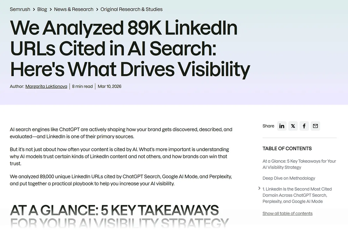 Semrush 博客文章,标题为“We Analyzed 89K LinkedIn URLs Cited in AI Search”,含作者、日期和引言