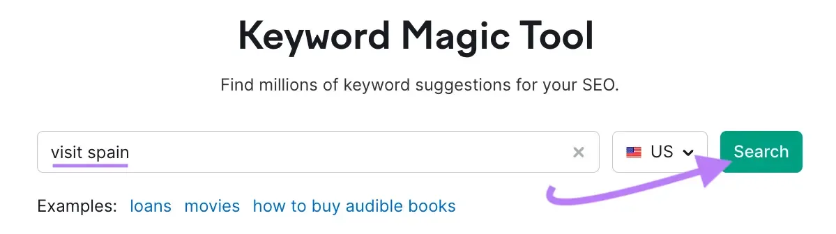在 Keyword Magic Tool 搜索栏中输入的“visit spain”