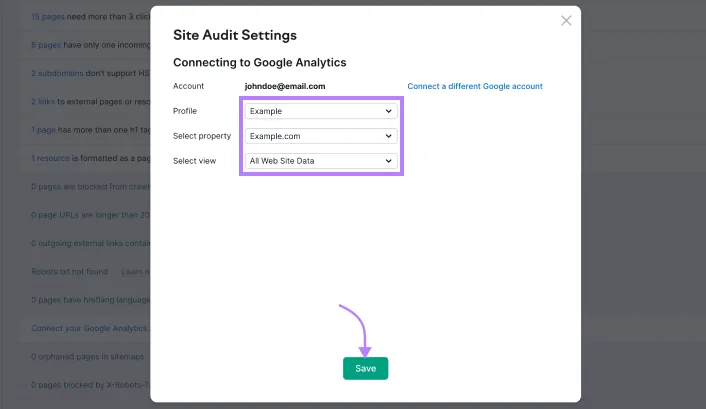 Site Audit 设置中的 Profile、Property 和 View 部分