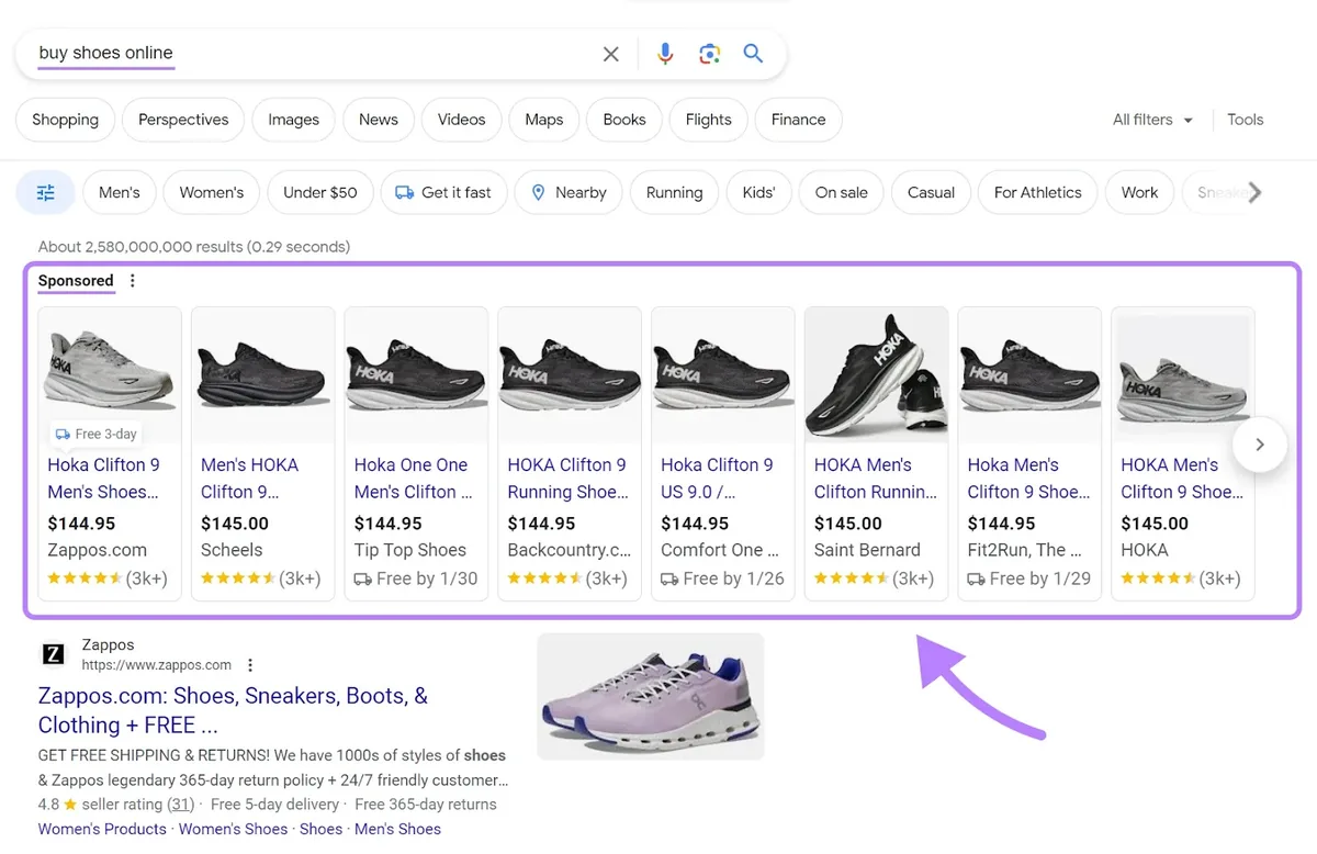 Google 搜索结果页面上“buy shoes online”查询的商品列表广告