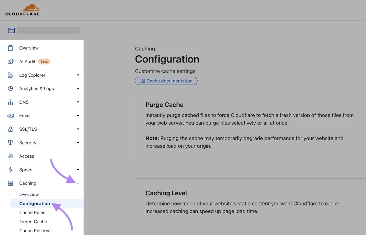Cloudfare 仪表盘，已从“Caching”子菜单中选中“Configuration”。