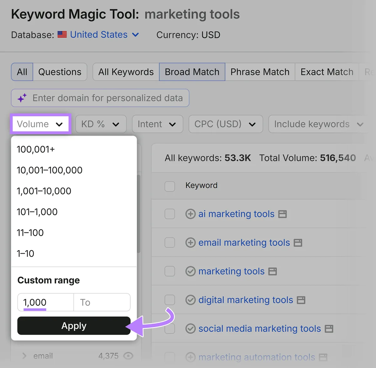 Semrush Keyword Magic Tool 的搜索量筛选器,自定义最小值为 1,000,突出显示 Apply 按钮
