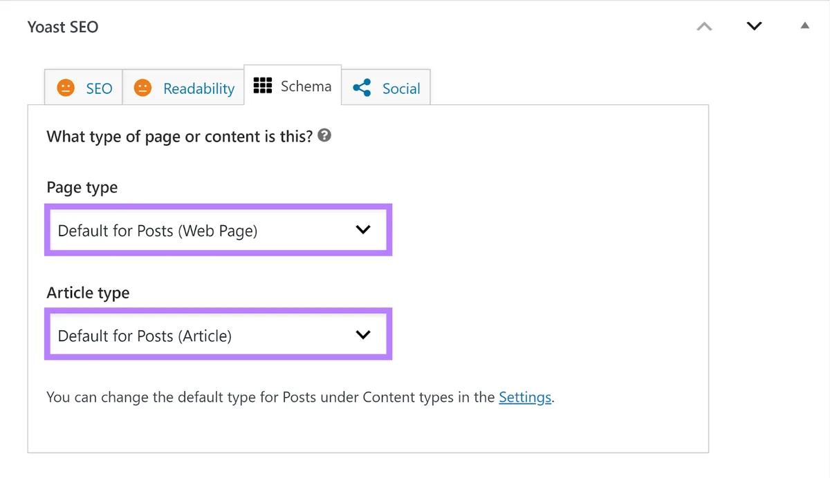 WordPress 文章编辑器 Yoast 版块中的“Schema”标签页以及“页面类型”和“文章类型”下拉菜单