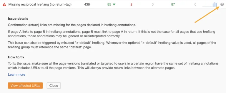 在 Ahrefs 的 Site Audit 中修复 hreflang 问题的提示示例。