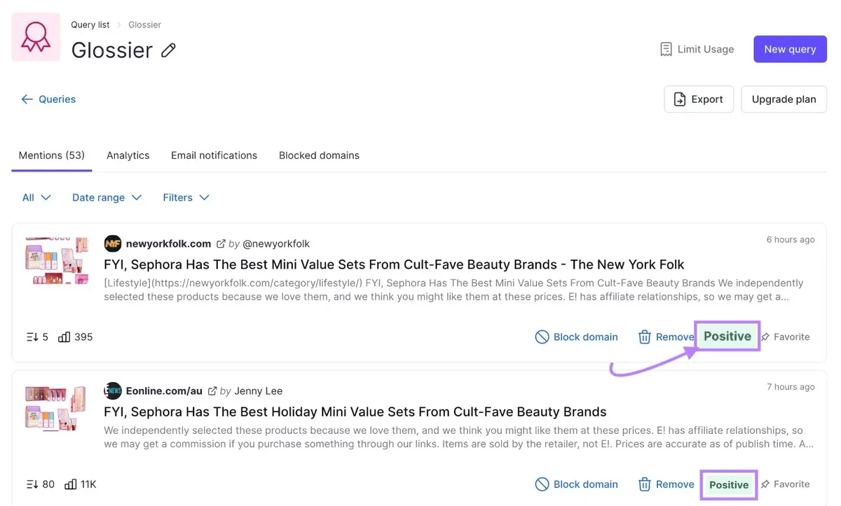 Brand Monitoring 工具中 Glossier 的“Mentions”报告