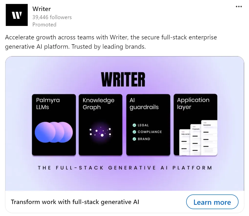 LinkedIn 广告包含描述、产品图片和 CTA