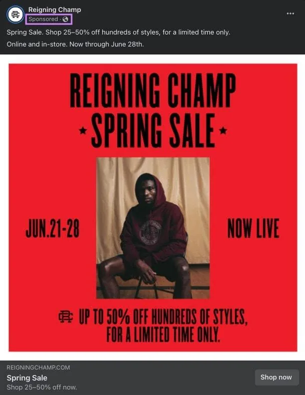 Reigning Champ 的 Facebook 广告示例,“赞助”标记高亮显示