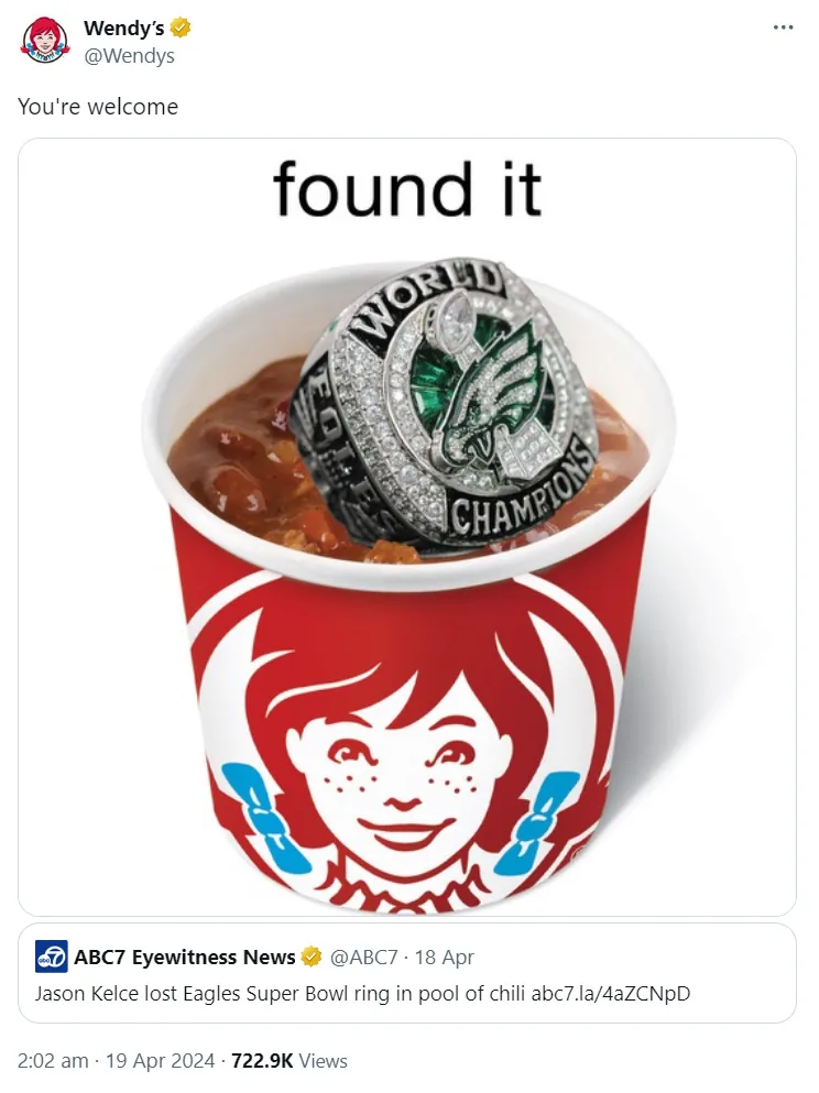 Wendy's 围绕 Jason Kelce 丢失超级碗戒指的搞笑推文。