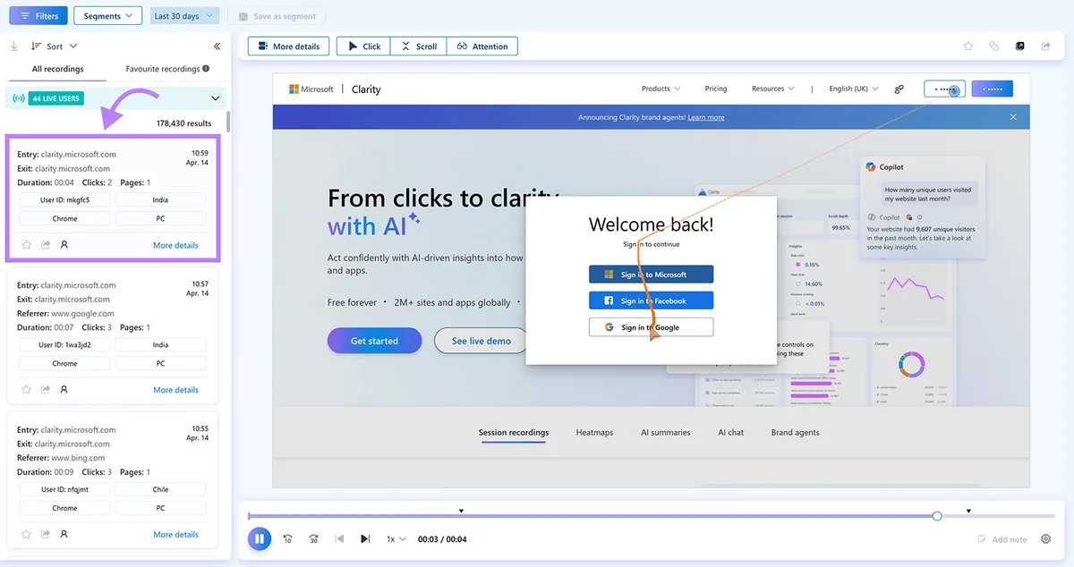 Microsoft Clarity 会话录制,显示网页上的用户交互和点击路径