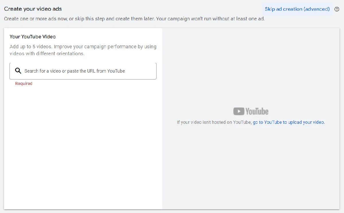 Google Ads 中的“创建你的视频广告”版块