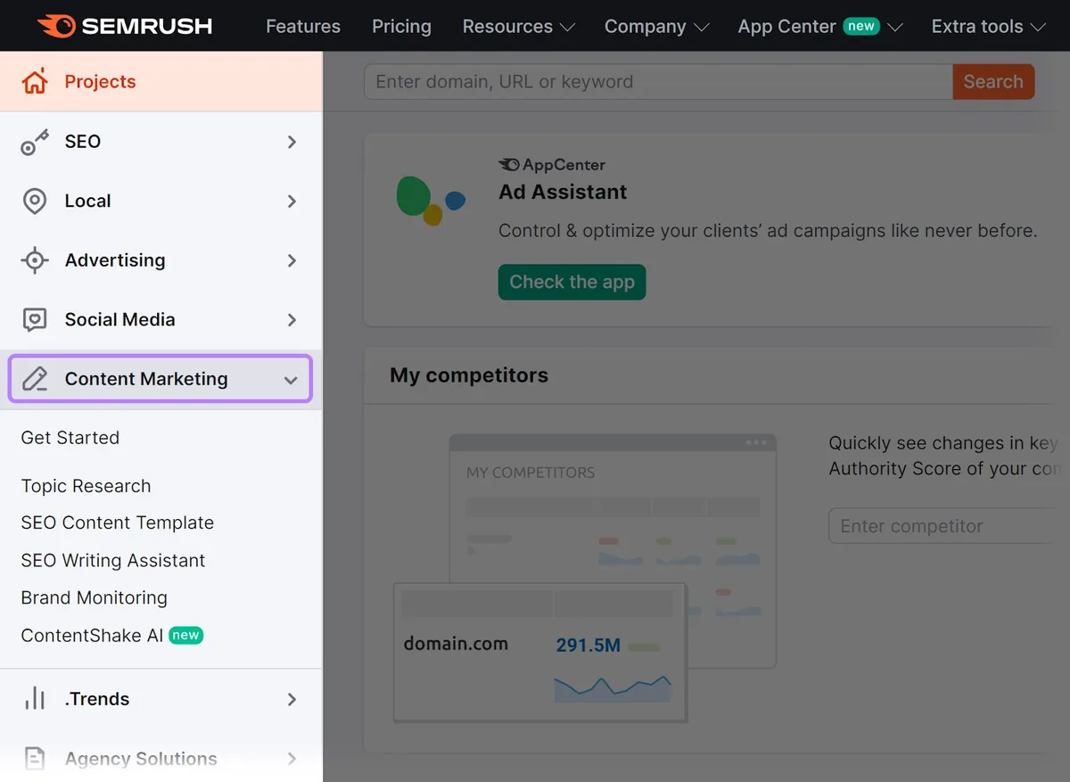 在 Semrush 仪表盘上导航到“Content Marketing”标签页