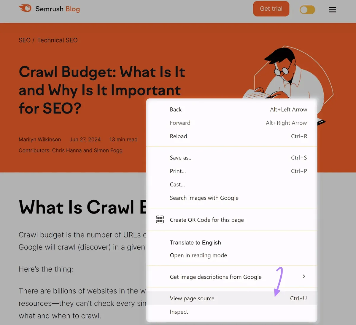 Semrush Blog 文章，前景显示浏览器右键菜单，浅紫色箭头指向“View page source”