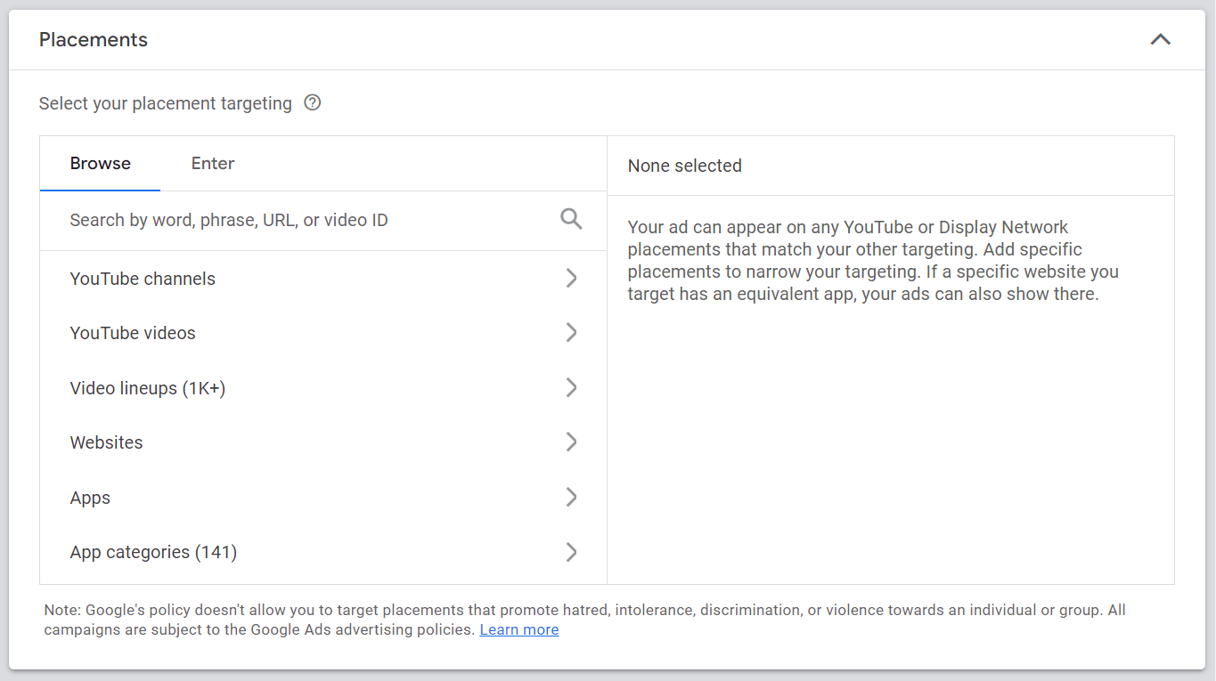 Google Ads 设置中的 Placements 部分