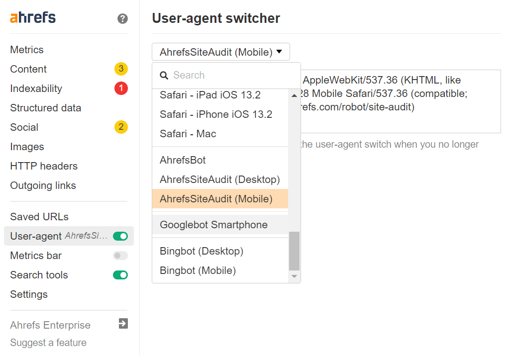 在 Ahrefs Toolbar 中更改 user-agent 以检查重定向