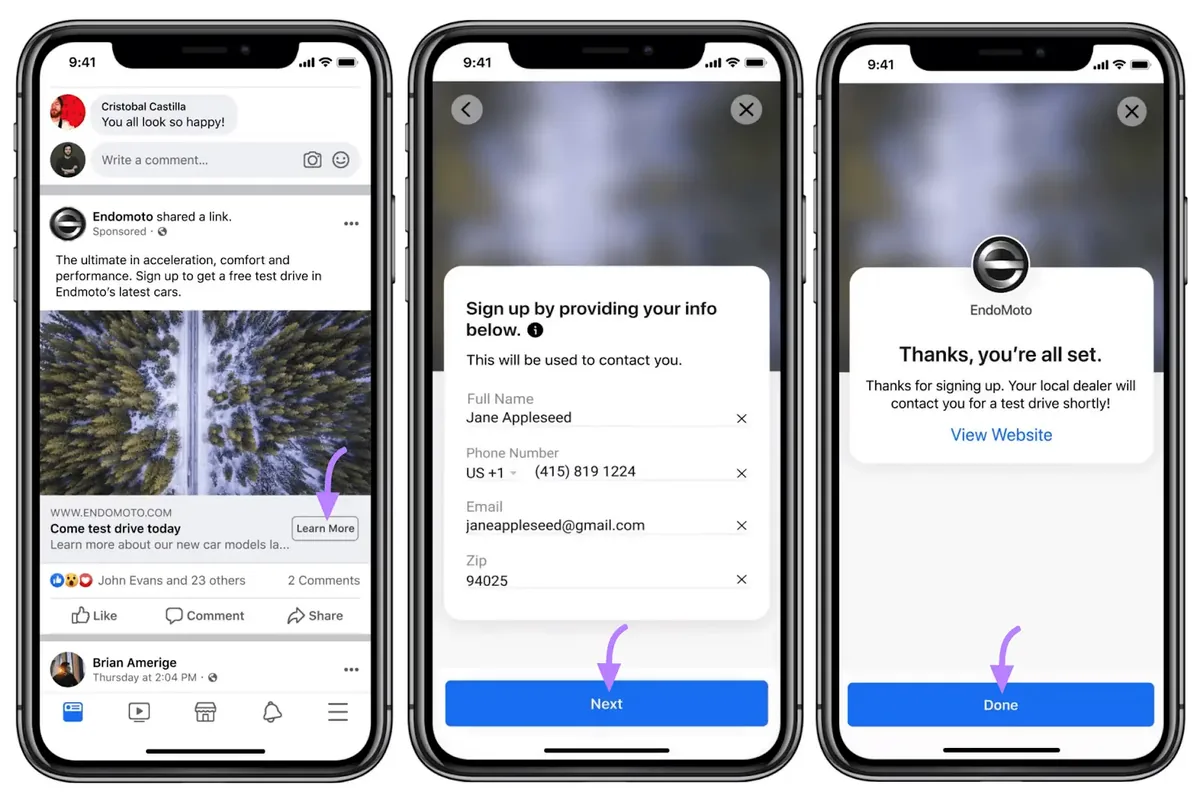 三个手机屏幕显示 Facebook 广告线索获取注册流程,从 Learn More 到 Done