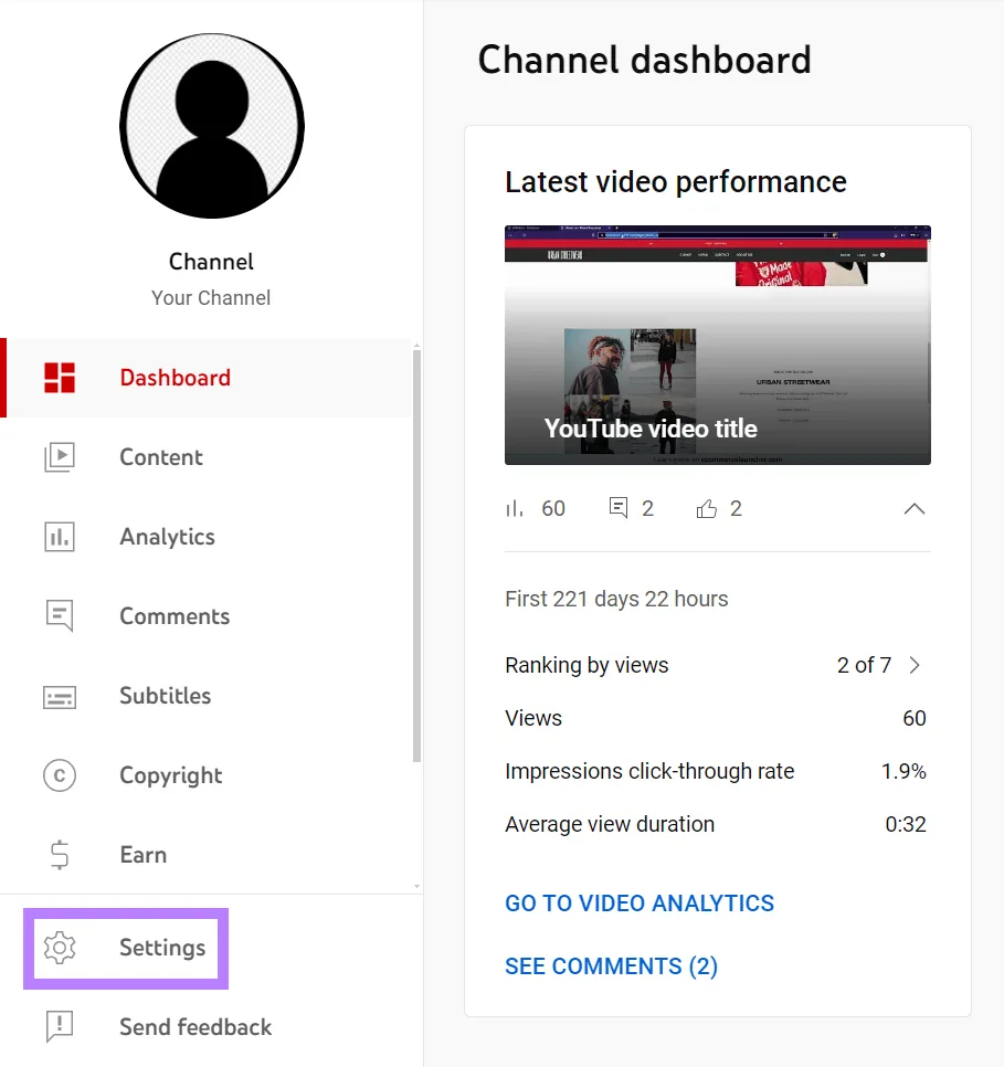 YouTube Studio 账户中的“Settings”按钮