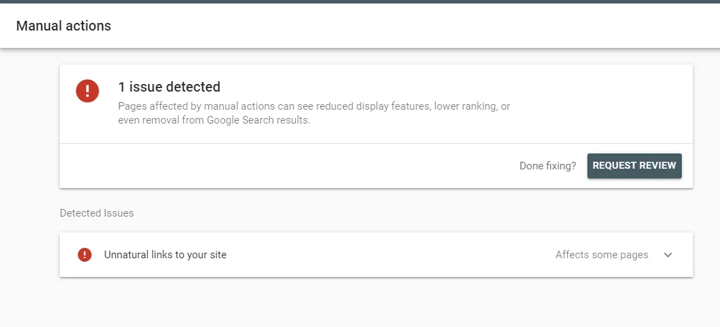 Google Search Console 中的人工处置示例