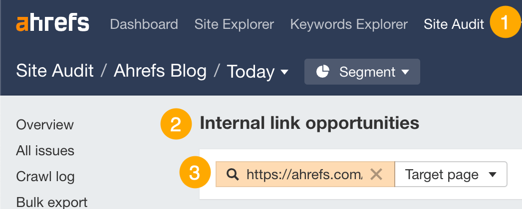 用 Ahrefs Site Audit 中的 Internal Link Opportunities（内部链接机会）工具找出可添加内部链接的位置