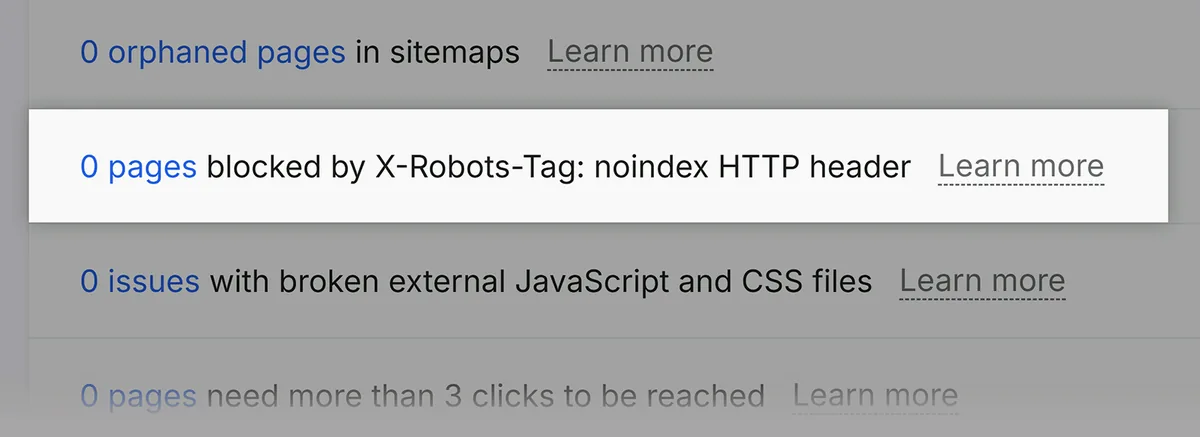 Site Audit 报告,显示 X-Robots-Tag noindex HTTP 头提示