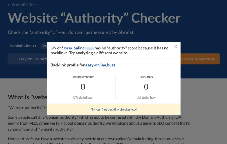 Ahrefs 的 Website Authority Checker 中的低 DR