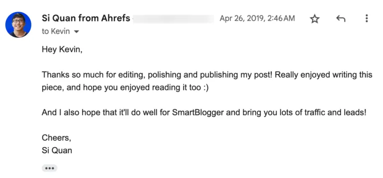 SQ 发给 SmartBlogger 编辑的感谢邮件