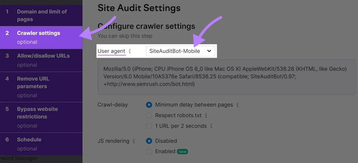 在 Site Audit“爬虫设置”中将“用户代理”设为“SiteAuditBot-Mobile”